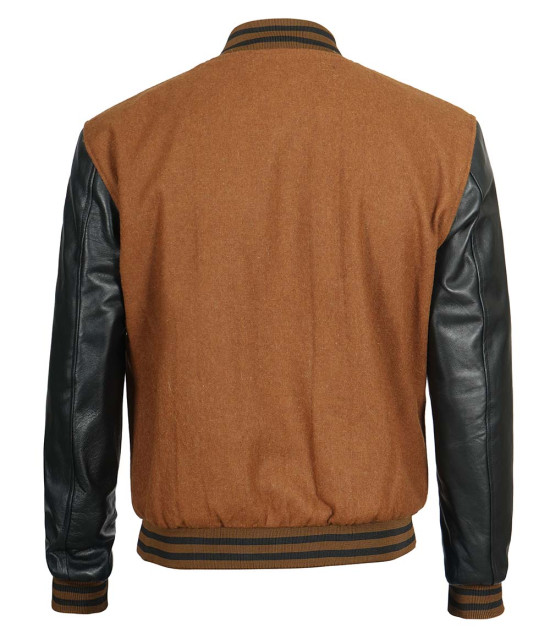 Mens Brown Wool Varsity Jacket With Black Leather Sleeves - Image 2