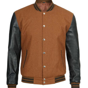 Mens Brown Wool Varsity Jacket With Black Leather Sleeves