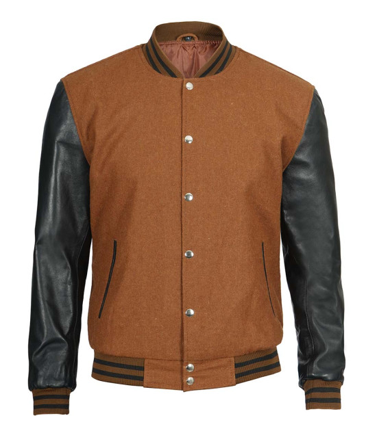 Mens Brown Wool Varsity Jacket With Black Leather Sleeves – Zam Zam Leather