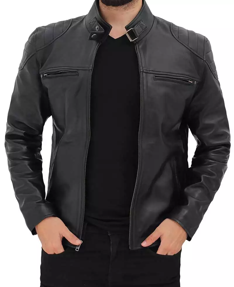 Men's Black Lambskin Leather Cafe Racer Jacket