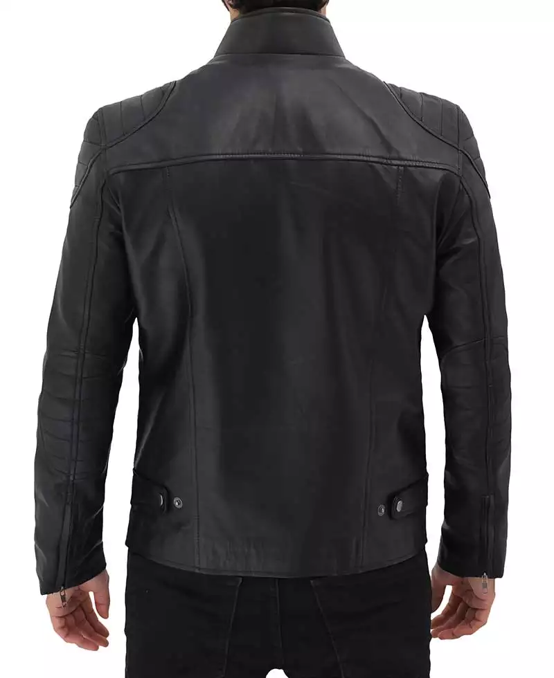 Men's Black Lambskin Leather Cafe Racer Jacket - Image 2
